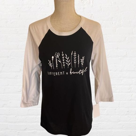Archer Girl Tops - NWT, "Different is Beautiful" Baseball Style 3/4 Sleeve Tee, Small